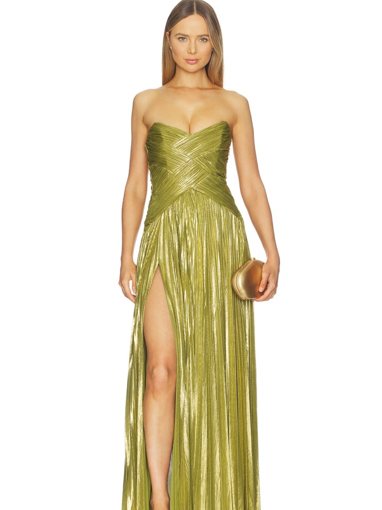 Retrofete Strapless Metallic Olive-Gold Gown